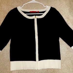 Black petite cardigan sweater with cream trim